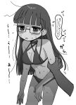  1girl alternate_costume arm_grab bags_under_eyes bikini blunt_bangs blunt_ends blush blush_stickers breasts cleavage commentary_request criss-cross_halter disembodied_limb ear_blush empty_eyes glasses greyscale groin half-closed_eyes halterneck highres large_breasts leaning_forward long_hair looking_at_viewer monochrome nervous parted_lips raised_eyebrows semi-rimless_eyewear shinigami_dot_com simple_background solo_focus speech_bubble sweat swimsuit toukyou_tama translation_request yasashii_naizou 