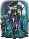  1girl belt belt_buckle boots braid bsapricot_(vtuber) buckle choker commentary crystal demon_girl demon_horns demon_wings dradra_tw full_body green_eyes green_hair hat highres holding holding_staff horns jewelry looking_at_viewer magic_circle moon necklace pentagram single_thighhigh smile solo staff thighhighs twin_braids vshojo wings witch_hat 
