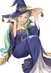  1girl fire_emblem fire_emblem:_three_houses fire_emblem_heroes flower green_eyes green_hair halloween halloween_costume hat highres long_hair official_alternate_costume rhea_(fire_emblem) rhea_(halloween)_(fire_emblem) sawarame smile solo teeth upper_teeth_only white_flower witch witch_hat 