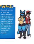  absurd_res anthro big_breasts breasts duo facts female generation_4_pokemon hand_on_hip hi_res human humor information_box lewd1 lucario male male/female mammal nintendo parody pokemon pokemon_(species) pokemon_trainer pregnant pregnant_anthro pregnant_female smug smug_face smug_grin text wide_hips 