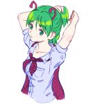  1girl aged_up antennae aqua_eyes aqua_pupils arms_up blue_shirt breast_pocket buttons closed_mouth collared_shirt dress_shirt grey_hair hair_tie highres holding holding_hair pocket shirt short_hair simple_background solo touhou tying_hair white_background wriggle_nightbug zawabug 