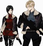  1boy 1girl ada_wong belt_buckle black_footwear black_gloves black_hair black_jacket black_pantyhose blonde_hair blue_skirt boots buckle closed_mouth commentary_request cowboy_shot fingerless_gloves fur-trimmed_jacket fur_trim gloves hair_behind_ear harness height_difference highres holding holding_weapon holster jacket leon_s._kennedy long_sleeves looking_at_another looking_to_the_side meow_(cindy738) open_clothes pantyhose red_lips red_sweater resident_evil resident_evil_4 resident_evil_4_(remake) ribbed_sweater short_hair shoulder_holster skirt sweater swept_bangs thigh_boots turtleneck turtleneck_sweater weapon white_background 