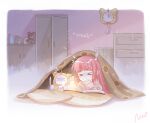  &gt;o&lt; 1girl blanket book cat character_name clock closed_eyes closet cushion english_commentary long_hair momo_(miracle_nikki) night nikki_(miracle_nikki) official_art open_book pajamas pink_hair pink_pajamas scared shelf shining_nikki stuffed_animal stuffed_toy teddy_bear under_covers vase wall wall_clock white_cat yellow_cloak 