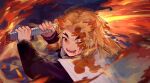  1boy blonde_hair blood blood_on_clothes blood_on_face demon_slayer_uniform flaming_sword flaming_weapon forked_eyebrows haori holding holding_sword holding_weapon japanese_clothes katana kimetsu_no_yaiba long_hair looking_at_viewer male_focus one_eye_closed open_mouth orange_eyes rengoku_kyoujurou sasa_kurumi solo swinging sword teeth thick_eyebrows upper_body weapon 