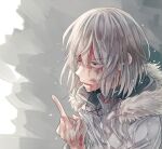  1boy accelerator_(toaru_majutsu_no_index) albino annoyed black_choker blood blood_on_clothes blood_on_face blood_on_hands choker electrodes from_side frown fur-trimmed_jacket fur_trim grey_background hand_up hood hood_down jacket medium_hair middle_finger official_alternate_costume open_mouth portrait red_eyes reimei_(1988) sanpaku solo sweat toaru_majutsu_no_index white_hair white_jacket winter_clothes 