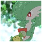  1girl :&gt; artist_name black_eyes blurry bob_cut bokeh border bright_pupils budew closed_mouth colored_skin commentary_request dappled_sunlight day depth_of_field flat_chest gardevoir green_hair green_skin hair_over_one_eye happy holding holding_pokemon hoshinonmi looking_at_another looking_down multicolored_skin one_eye_covered outdoors partial_commentary pokemon pokemon_(creature) red_eyes short_hair signature smile sunlight twitter_username two-tone_skin upper_body white_border white_pupils white_skin |_| 