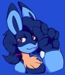  accessory big_forearms breasts bust_portrait clothing fluffy_chest forearms generation_4_pokemon hair hair_accessory hair_tie handpaw koze_(rouwrf) long_hair lucario male_(lore) nintendo paws pokemon pokemon_(species) portrait rouwrf snaggle_tooth topwear trans_(lore) 