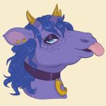  1:1 blue_eyes blue_hair bovid bovine cattle collar collar_tag ear_piercing fur hair hasbro hi_res horn left_hand_drawing looking_at_viewer mammal moonbrush_(phathusa) my_little_pony phathusa piercing portrait purple_body purple_fur simple_background tongue tongue_out white_background 