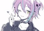  1boy black_choker black_jacket blue_hair blush choker hair_ornament jacket jewelry kamishiro_rui long_sleeves looking_at_viewer multicolored_hair multiple_rings one_eye_closed parted_lips project_sekai purple_hair qi7pi ring simple_background smile solo spiked_choker spikes star_(symbol) star_hair_ornament streaked_hair white_background yellow_eyes 