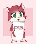  2019 anthro beverage container cricetid cup drinking drinking_straw english_text fur green_eyes hamster hasbro higglytownhero littlest_pet_shop_a_world_of_our_own logo male mammal multicolored_body new_orleans_original_daiquiris pink_nose red_body red_fur rodent simple_background solo text trip_hamston two_tone_body 