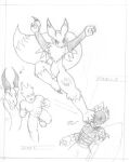  action_pose anthro bandai_namco beelzemon canid canine concept_art conflict digimon digimon_(species) female fox graphite_(artwork) group humanoid kick male male/female mammal monochrome movement pencil_(artwork) pose reddragonkan renamon traditional_media_(artwork) 