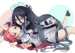  2girls :d absurdly_long_hair ahoge aris_(blue_archive) black_hair blue_archive blue_eyes blue_necktie coat collared_shirt commentary_request forehead hair_between_eyes hair_ornament hair_ribbon hairband halo highres hug long_bangs long_hair long_sleeves looking_at_viewer lying lying_on_person multiple_girls necktie okaarii on_back on_stomach open_clothes open_coat parted_bangs purple_eyes red_hair ribbon school_uniform shirt sidelocks simple_background smile very_long_hair white_background white_coat white_shirt yuzu_(blue_archive) 