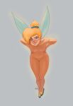  1girl absurdres blonde_hair blue_eyes blue_ribbon breasts fairy fairy_wings green_footwear hair_ribbon highres leaning_forward looking_at_viewer nagainosfw nipples nude peter_pan_(disney) pointy_ears pussy ribbon shoes short_hair small_breasts solo tinker_bell_(disney) uncensored wings 