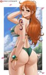  1girl arm_tattoo arm_up ass bikini blue_sky bracelet breasts cloud day from_behind green_bikini highres jewelry kyopink large_breasts long_hair looking_at_viewer nami_(one_piece) one_piece orange_eyes orange_hair outdoors patreon_logo patreon_username sky solo swimsuit tattoo web_address 