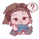  1boy ? artist_name brown_eyes brown_hair chibi hand_up highres league_of_legends long_hair long_sleeves ponytail ruan_chen_yue saliva simple_background solo speech_bubble spoken_question_mark transparent_background yasuo_(league_of_legends) 
