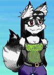  anthro black_hair canid canine choker clothed clothing digital_media_(artwork) ear_piercing exposed_shoulders female fox fur hair inner_ear_fluff jewelry long_hair mammal miniscule_(minisculeiscool) necklace piercing red_eyes simple_background smile solo tuft white_body white_fur 