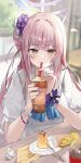  1girl absurdres blue_archive cup drinking_straw highres holding holding_cup jsscj looking_at_viewer mika_(blue_archive) pink_hair solo 