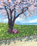  blue_eyes blue_sky blush_stickers bush cherry_blossoms closed_mouth cloud dappled_sunlight day falling_petals highres kirby kirby_(series) miclot mountainous_horizon no_humans outdoors path petals pink_footwear scenery shadow shoes sitting sky sunlight tree 