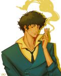  1boy cigarette cowboy_bebop highres holding holding_cigarette koitosoup light_smile messy_hair necktie shirt signature simple_background smoke solo spike_spiegel spiked_hair upper_body white_background yellow_shirt 