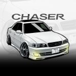  chibi chris_ilst commission glowing highres license_plate no_humans original stance_(vehicle) toyota toyota_chaser vehicle_focus vehicle_name white_car zoom_layer 