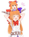  1girl :d arms_up blunt_bangs blush bow bowtie brown_horns buttons center_frills chain character_doll commentary_request cowboy_shot doll_on_head fang frills fumo_(doll) hair_bow highres horn_ornament horn_ribbon horns ibuki_suika long_hair medium_bangs open_mouth orange_hair purple_ribbon red_bow red_bowtie ribbon rozugadena shirt simple_background sleeveless sleeveless_shirt smile solo touhou white_background white_shirt wrist_cuffs 