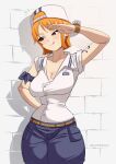  1girl :q absurdres arm_behind_back arm_ribbon arm_up averting_eyes backwards_hat baseball_cap belt blue_pants breasts brick_wall brown_eyes cleavage elpipe_3000 facing_viewer hat highres large_breasts log_pose looking_to_the_side marine_uniform_(one_piece) military_uniform nami_(one_piece) narrow_waist one_piece orange_hair pants ribbon salute shadow shirt short_hair short_sleeves shoulder_tattoo smile solo tattoo tongue tongue_out uniform white_shirt 