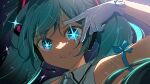  absurdres aqua_eyes aqua_hair aqua_necktie gloves hatsune_miku headset highres necktie omutatsu smile star_(symbol) symbol-shaped_pupils twintails v vocaloid 