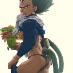  1boy armor_removed ass bara bare_back bare_pectorals black_male_underwear briefs clothes_lift cup dragon_ball dragon_ball_z feet_out_of_frame food frown glove_in_mouth gloves highres holding holding_cup looking_at_viewer looking_to_the_side male_focus male_underwear monkey_tail mouth_hold mug muscular muscular_male nipples no_pants pectorals receding_hairline saiyan_armor sandwich shirt_lift short_hair sideburns solo spiked_hair supobi tail thick_eyebrows thick_thighs thighs underpec underwear undressing vegeta 