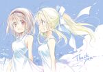  2girls air_(visual_novel) bare_shoulders blonde_hair blue_eyes blush bow brown_hair crossover dress hair_ribbon hairband izumi_rei kamio_misuzu kanon long_hair multiple_girls open_mouth ponytail red_eyes ribbon short_hair sky smile tsukimiya_ayu very_long_hair white_dress 