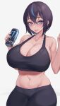  1girl :p bare_arms bare_shoulders black_hair black_pants blue_eyes blue_hair breasts cleavage commentary cowboy_shot crop_top grey_background groin hair_between_eyes hands_up highres huge_breasts kuavera leggings looking_at_viewer midriff mole mole_under_mouth monster_energy multicolored_hair navel original pants short_hair simple_background solo sports_bra stomach tongue tongue_out 