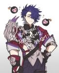  1boy bishounen black_gloves bomb cowboy_shot explosive gloves green_eyes hair_over_one_eye heart highres honkai:_star_rail honkai_(series) korean_text looking_down male_focus purple_hair roqkrcldhkdhk sampo_koski short_hair simple_background smile solo sparkle translation_request 