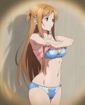  1girl asuna_(sao) blue_bra blue_panties bra braid brown_eyes brown_hair camisole closed_mouth clothes_lift collarbone french_braid lifted_by_self long_hair navel panties pink_camisole pov_peephole puge shadow shirt_lift short_ponytail simple_background solo sword_art_online underwear undressing 