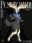 anthro antlers black_body blue_body blue_fur bottomless breasts clothed clothing cover covered_nipples deer female fur generation_6_pokemon genitals hi_res horn humanoid legendary_pokemon magazine_cover mammal nintendo nude pokemon pokemon_(species) pussy riddleheart simple_background small_breasts solo standing tail text xerneas xerneas_(active_mode) 