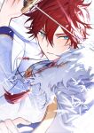  1boy absurdres aleo amagi_rinne artist_name blue_eyes character_name commentary_request dated earrings ensemble_stars! fingernails fur_trim hair_between_eyes highres holding holding_sword holding_weapon hoop_earrings jewelry long_sleeves parted_lips red_hair short_hair sideways_glance solo sword upper_body weapon 