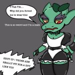  black_clothing black_dress clothing dress eyebrows footsie_(kobold_adventure) green_body grey_background hi_res kobold loadow maid_uniform male nervous red_eyes scalie simple_background solo speech_bubble text uniform 