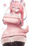  &lt;3 anthro arm_under_breasts big_breasts breasts canid cleavage clothed clothing eeveelution female fur generation_6_pokemon hair hi_res huge_breasts legwear looking_at_viewer mammal nintendo omeki pink_hair pokemon pokemon_(species) ribbons_(anatomy) simple_background smile solo stockings sylveon thick_thighs thigh_highs topwear 