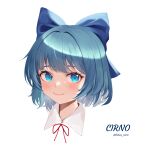  1girl absurdres artist_name blue_bow blue_eyes blue_hair blush bow character_name cirno closed_mouth cropped_shoulders dobostorte eyebrows_hidden_by_hair hair_bow hair_intakes highres portrait short_hair simple_background smile solo touhou white_background wing_collar 