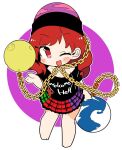  1girl barefoot black_headwear black_shirt blush chain earth_(ornament) full_body hecatia_lapislazuli highres ini_(inunabe00) moon_(ornament) multicolored_clothes multicolored_skirt off-shoulder_shirt off_shoulder one_eye_closed open_mouth polos_crown red_eyes red_hair shirt short_hair short_sleeves skirt smile solo touhou 