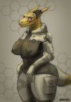  absurd_res anthro big_breasts big_butt breasts butt clothed clothing cybernetics cyberpunk dragon female hi_res horn huge_breasts jumpsuit looking_at_viewer machine nipples ony01 rubber rubber_clothing rubber_suit scalie science_fiction simple_background smile solo visor wide_hips 