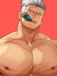  1boy bara bare_shoulders black_eyes cigar collarbone facial_hair highres large_pectorals long_sideburns looking_down male_focus mature_male muscular muscular_male nipples one_piece pectoral_focus pectorals red_background scar scar_on_face short_hair sideburns smoker_(one_piece) smoking solo stubble topless_male user_gggs3572 v-shaped_eyebrows white_hair 
