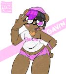  absurd_res anthro baconfetish&#039;ntomato barbie_(doll) beanie bear belly blush bottomwear brown_body brown_fur bulge chest_tuft clothed clothing crop_top digital_media_(artwork) ear_piercing english_text eyewear fur gavin_pearson glasses hair hand_on_hip hat headgear headwear hi_res hotpants jewelry looking_at_viewer male mammal mattel midriff multicolored_hair necklace nipple_slip one_eye_closed open_mouth piercing pink_eyes purple_hair shirt shorts simple_background slightly_chubby slightly_chubby_male smile solo text thick_thighs topwear tuft two_tone_hair wide_hips wink wristband 