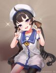  1girl ahoge black_hair black_pantyhose blue_eyes blush double_v dress hat highres kaiboukan_no._22_(kancolle) kantai_collection long_hair looking_at_viewer open_mouth pantyhose sailor_dress sailor_hat short_sleeves single_leg_pantyhose smile solo twintails twitter_username unidentified_nk v white_dress white_headwear 