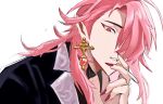  1boy aster_(nu_carnival) bishounen black_shirt black_suit cigarette collared_shirt cross cross_earrings earrings hair_over_one_eye holding holding_cigarette jewelry long_hair male_focus mob_ozi_sang neckerchief nu_carnival official_alternate_hair_length official_alternate_hairstyle parted_lips pink_hair red_eyes red_nails shirt solo suit teeth white_background yellow_neckerchief 