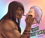  2boys aguzcm bara blush colored_sclera dark-skinned_male dark_skin disembodied_head food from_side green_sclera hidan_(naruto) holding_head kakuzu_(naruto) long_hair male_focus mouth_hold multiple_boys muscular muscular_male naruto_(series) naruto_shippuuden nude pocky pocky_day profile short_hair smirk stitches upper_body yaoi 