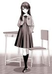  1girl arms_behind_back blush chair closed_mouth desk highres kneehighs light_smile long_hair long_sleeves looking_at_viewer mary_janes monochrome original ribbon school_chair school_desk school_uniform sepia shoes sidelocks skirt socks solo standing takano_masayuki wooden_floor 