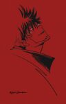  1boy extra_eyes facial_mark from_side highres hu_(saimens) jujutsu_kaisen looking_at_viewer male_focus monochrome portrait red_theme ryoumen_sukuna_(jujutsu_kaisen) sharp_teeth short_hair sideways_glance simple_background smirk solo teeth turtleneck twitter_username 