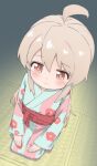  1girl absurdres ahoge blonde_hair blue_kimono brown_eyes commentary floral_print hair_between_eyes hands_on_own_knees highres indoors japanese_clothes kimono light_blush long_hair onii-chan_wa_oshimai! oyama_mahiro print_kimono sad sash seiza sfm_zhang sitting solo tatami tears yukata 