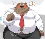  0119_muu 2023 anthro bear belly big_belly black_nose blush bottomwear brown_body brown_fur clothing exclamation_point fur kemono male mammal necktie overweight overweight_male pants shirt solo surprise topwear 