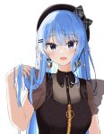  1girl black_shirt blue_eyes blue_hair earrings frilled_sleeves frills gold_earrings hair_flip hair_ornament hairpin highres hololive hoshimachi_suisei hoshimachi_suisei_(7th_costume) jewelry long_hair looking_at_viewer open_mouth pinomatcha shirt short_sleeves smile solo upper_body virtual_youtuber 