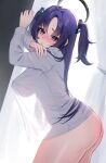  1girl absurdres ass blue_archive blush breasts closed_mouth cowboy_shot gudanco_(nyanmeowzer) halo highres large_breasts long_hair long_sleeves mechanical_halo purple_eyes purple_hair shirt solo twitter_username two_side_up white_shirt yuuka_(blue_archive) 